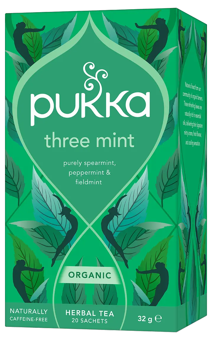 Pukka Three Mint organic herbal tea, 20 sachets — green carton with mint leaves reading purely spearmint, peppermint and fieldmint